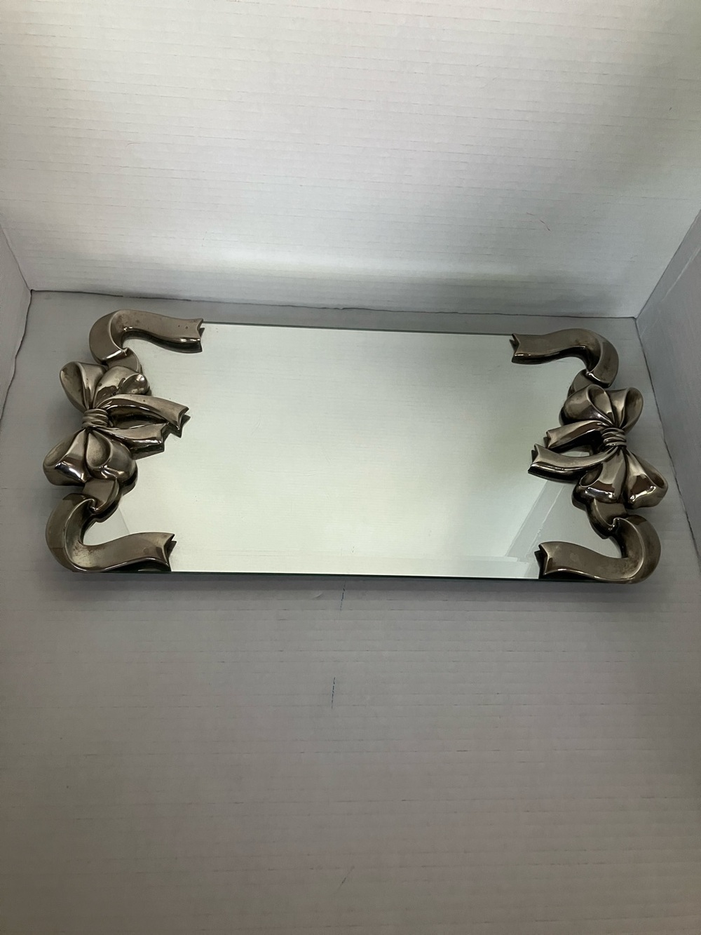 Vintage Godinger Silver Bow Mirror Vanity Tray 8x16 Inches‎